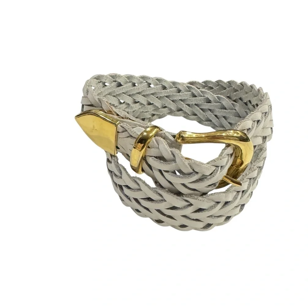 VTG Capezio Genuine Leather White Braided Belt Gold Buckle | Size S | Adjustable